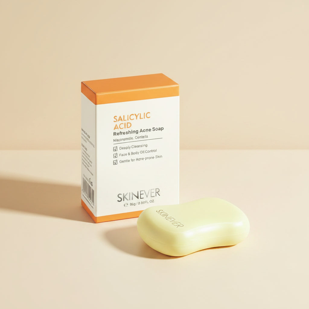 Skinnerver salicylic acid soap bar and packaging on a textured surface