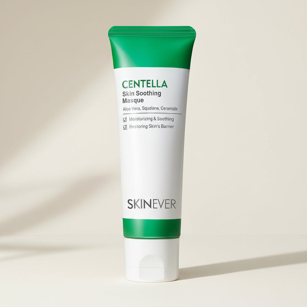 Skincare product tube labeled 'Centella Skin Soothing Masque' by Skinever on a white background