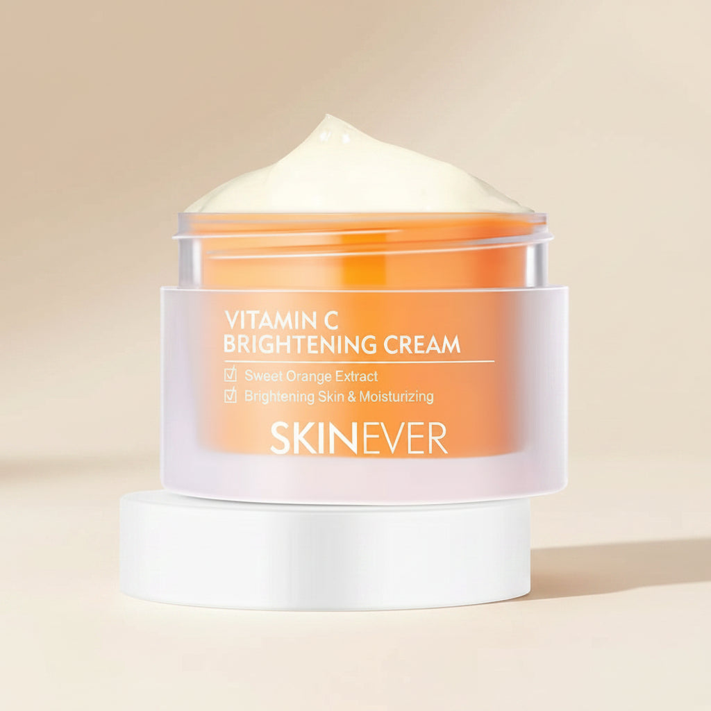 Vitamin C brightening cream jar with 'SKINEVER' branding on a white background
