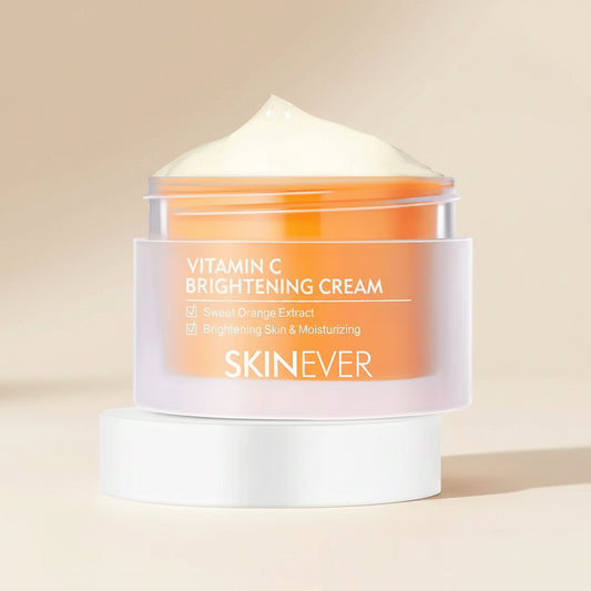 Vitamin C brightening cream jar with 'SKINEVER' branding on a white background
