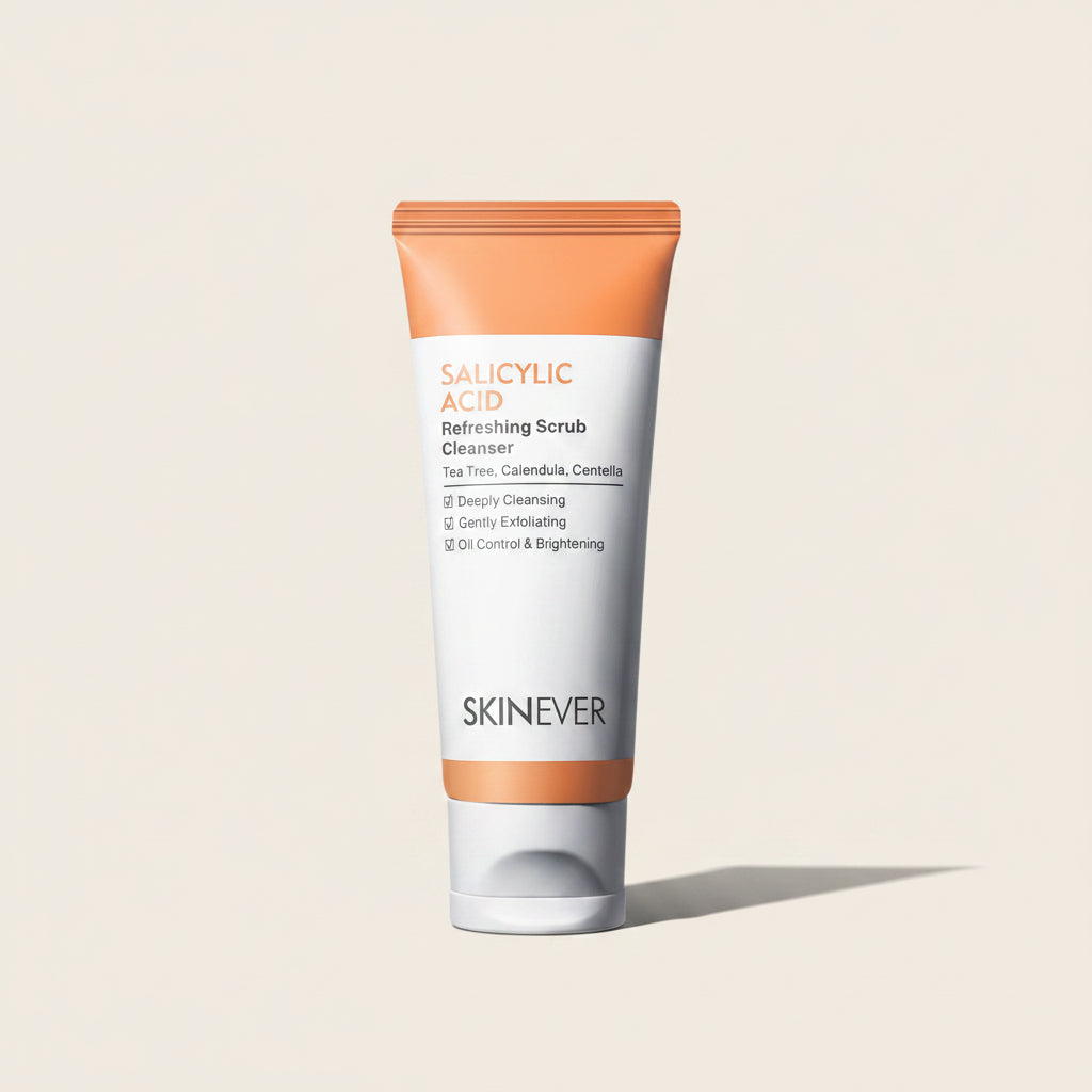 Tube of Skinever Salicylic Acid Refreshing Scrub Cleanser on a white background