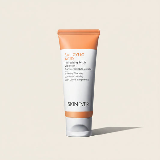 Tube of Skinever Salicylic Acid Refreshing Scrub Cleanser on a white background