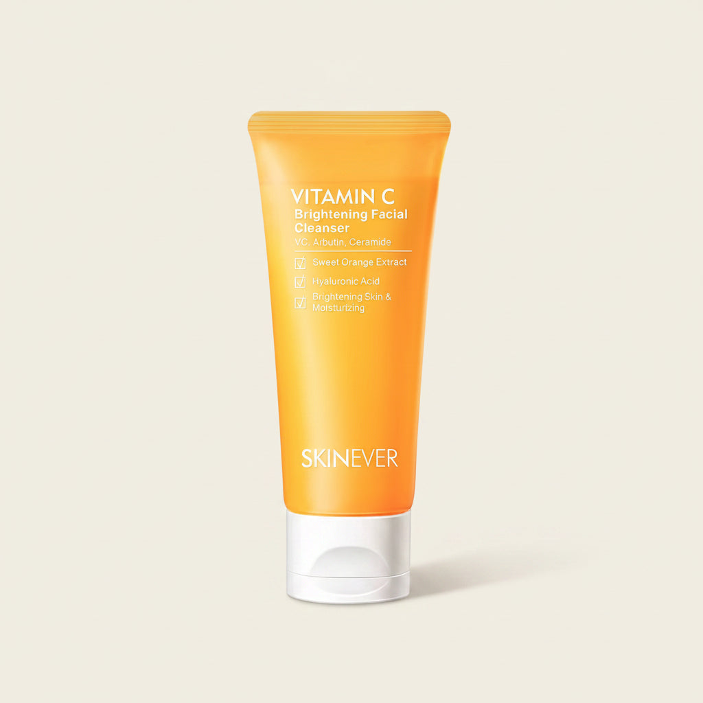 Orange tube of Skinever Vitamin C Brightening Facial Cleanser on a white background