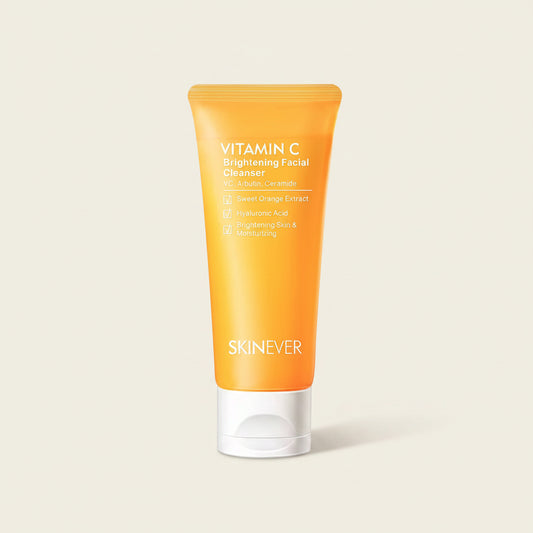 Orange tube of Skinever Vitamin C Brightening Facial Cleanser on a white background