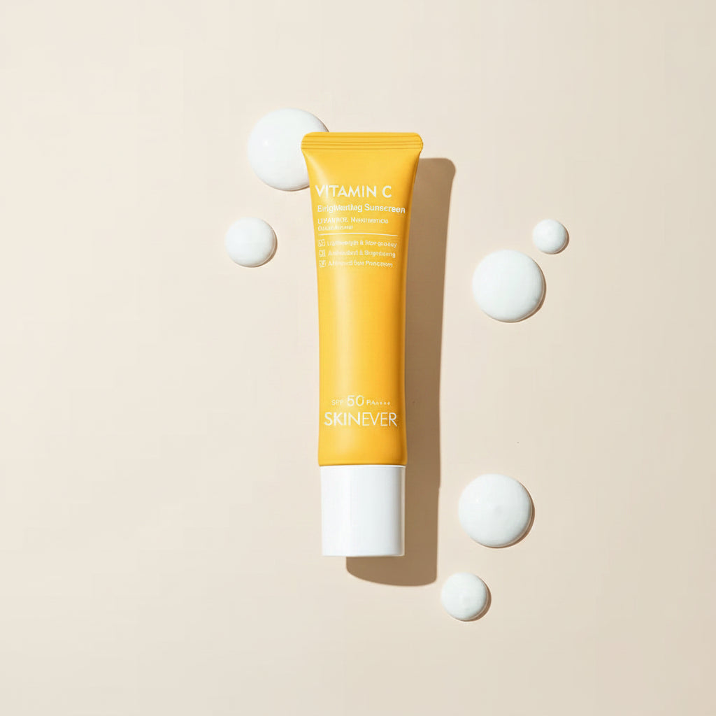 Skincare product with 'Vitamin C' on a yellow background
