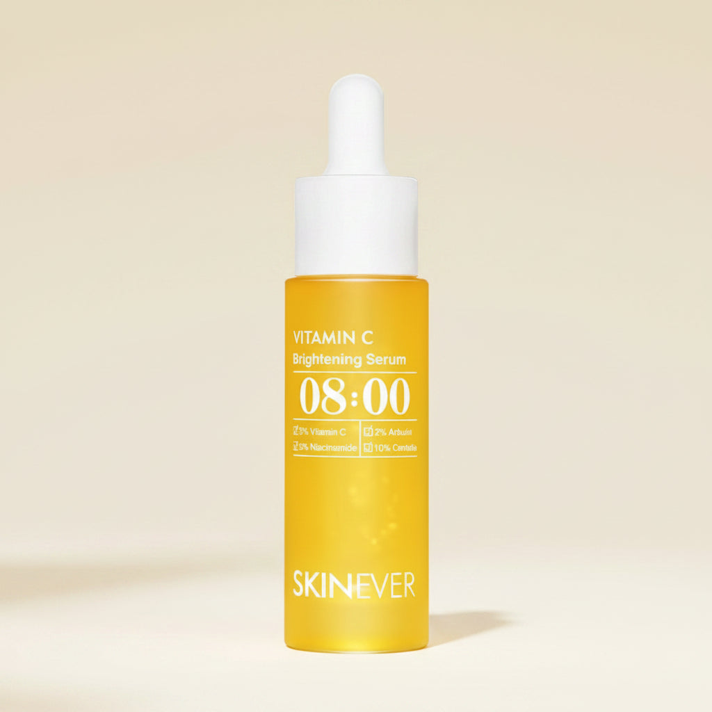 Yellow serum bottle with white dropper labeled '08:00' and 'SKINEVER' on a white background