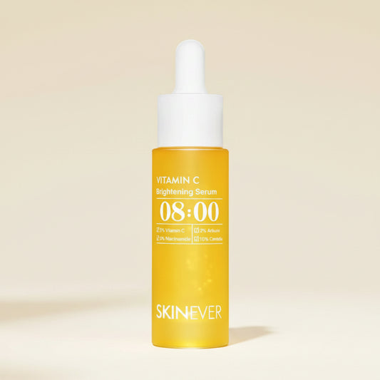 Yellow serum bottle with white dropper labeled '08:00' and 'SKINEVER' on a white background